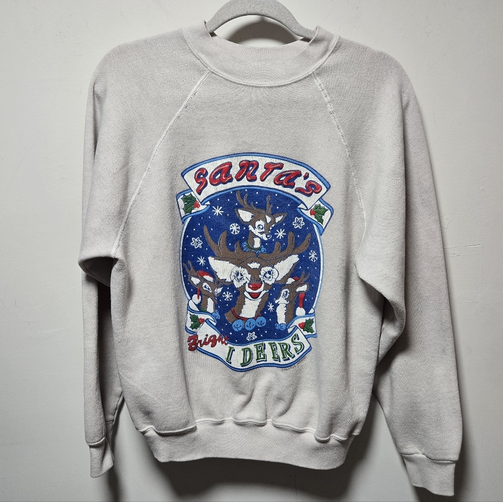 Vintage Christmas Sweatshirt Santa's Bright Ideers Size Medium Reindeer Funny